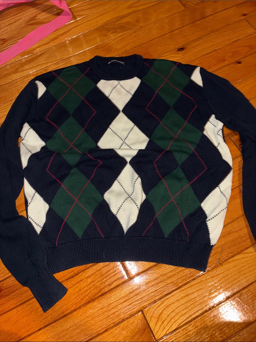 Brandy Melville Argyle Crewneck Sweater - Navy, Green & White